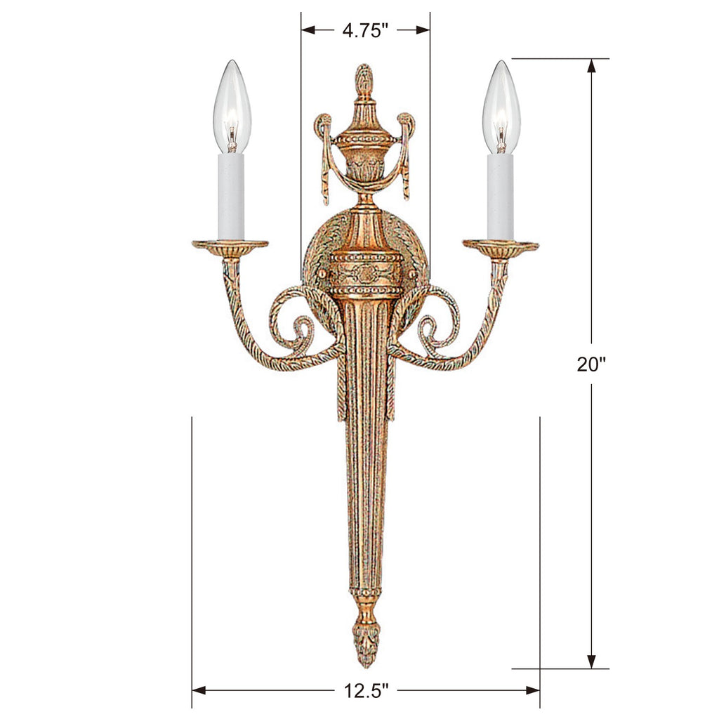##Antique Hardware## Crystorama 2 Light Matte Brass Cast Sconce
