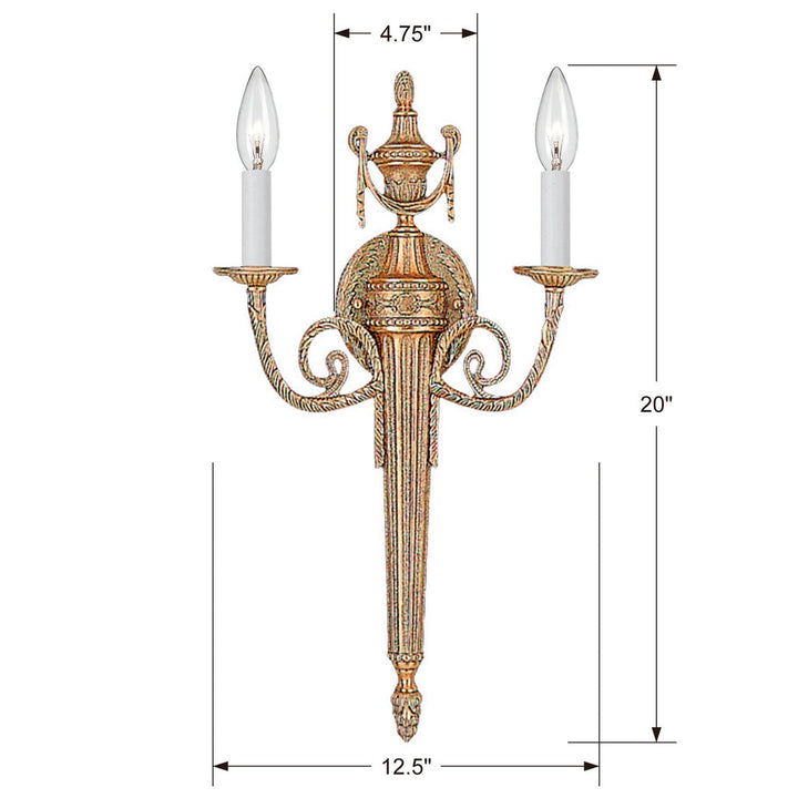 ##Antique Hardware## Crystorama 2 Light Matte Brass Cast Sconce