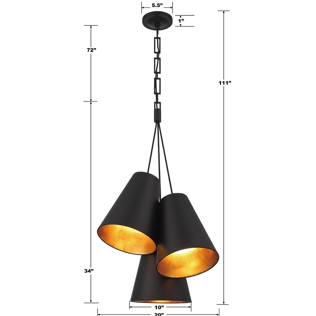 ##Antique Hardware## Brian Patrick Flynn Alston 3 Light Matte Black + Antique Gold Pendant