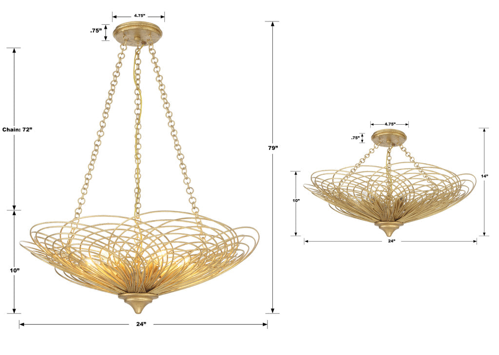 ##Antique Hardware## Doral 6 Light Renaissance Gold Semi Flush Mount