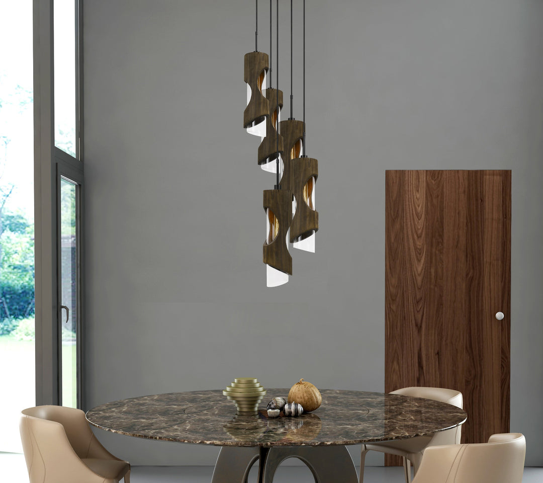 ##Antique Hardware## 60W X 5 ZAMORA 5 LIGHT WOOD PENDANT WITH CLEAR GLASS SHADE (EDISON BULBS NOT INCLUDED)