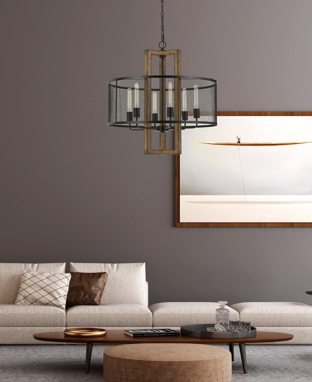##Antique Hardware## 60W X 6 MONZA WOOD CHANDELIER WITH MESH SHADE (EDISON BULBS NOT INCLUDED)