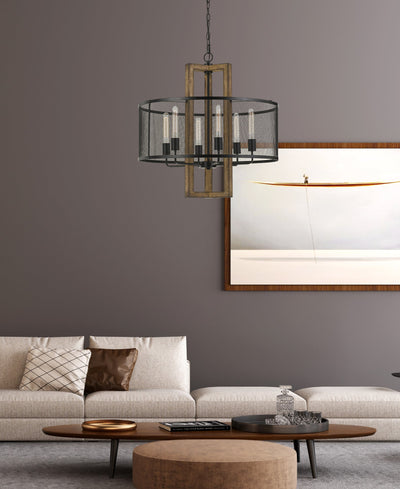 ##Antique Hardware## 60W X 6 MONZA WOOD CHANDELIER WITH MESH SHADE (EDISON BULBS NOT INCLUDED)