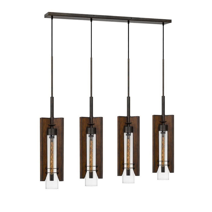 ##Antique Hardware## 60W X 3 ALMERIA WOOD/GLASS 4 LIGHT PENDANT FIXTURE (EDISON BULBS NOT INCLUDED)