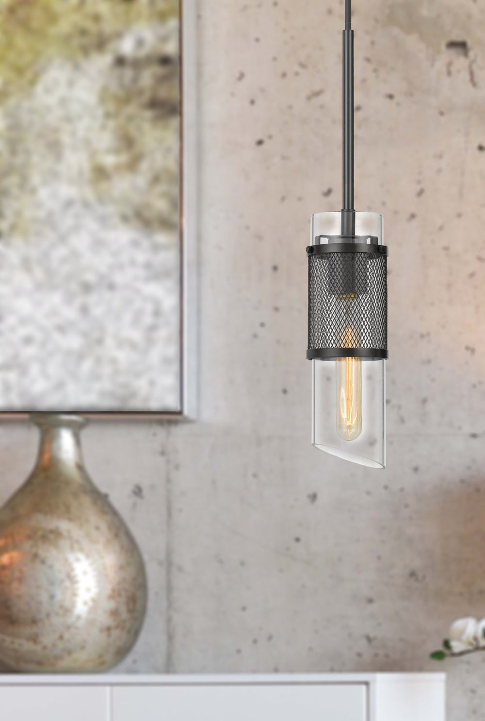 ##Antique Hardware## 60W SAVONA DOUBLE LAYER GLASS/METAL MINI PENDANT WITH MESH METAL SHADE. (EDISON BULB NOT INCLUDED)