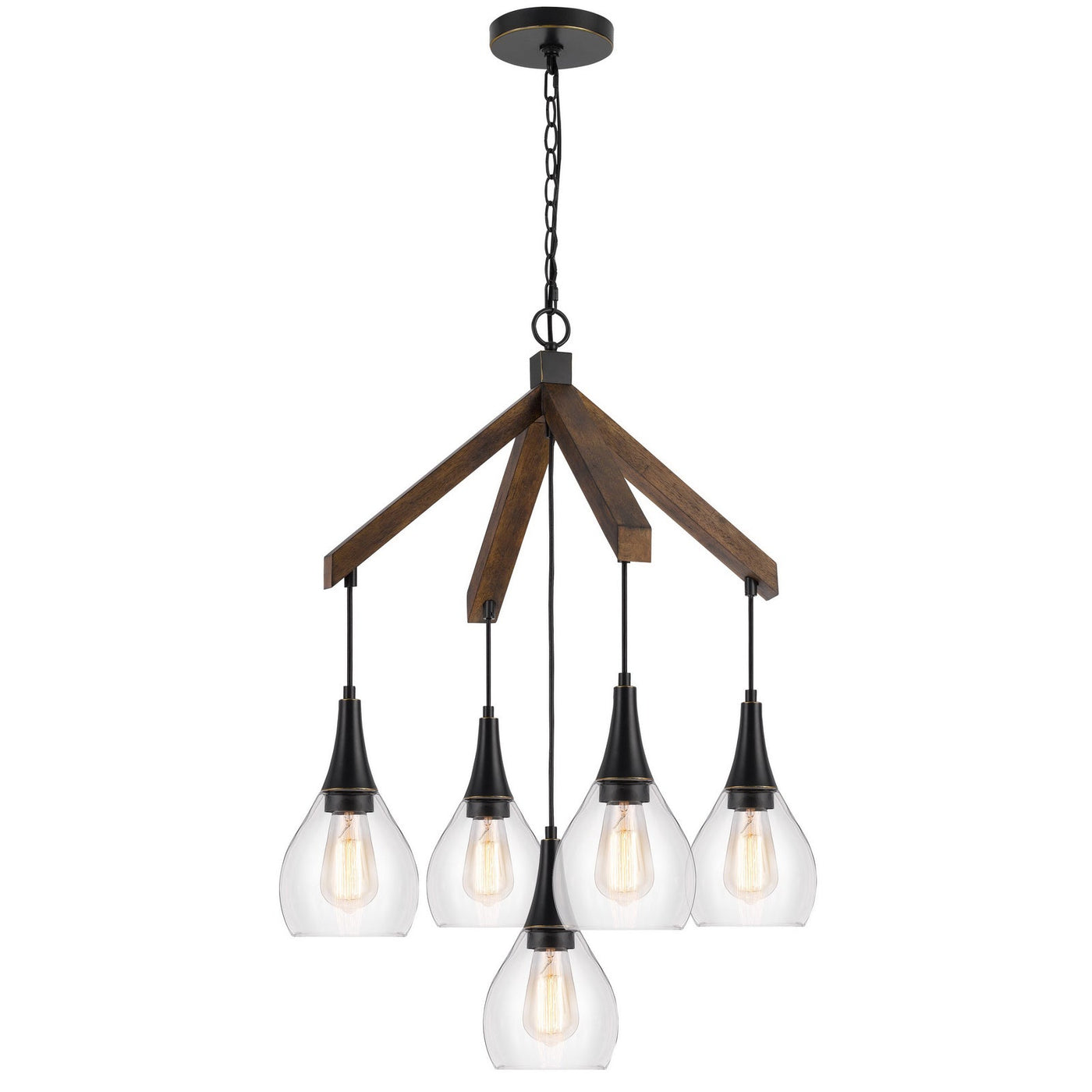 ##Antique Hardware## 60W X 5 WATKINS RUBBER WOOD CHANDELIER WITH HANGING GLASS SHADES
