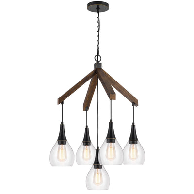 ##Antique Hardware## 60W X 5 WATKINS RUBBER WOOD CHANDELIER WITH HANGING GLASS SHADES