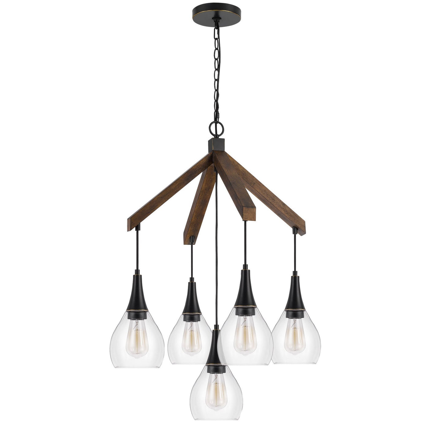 ##Antique Hardware## 60W X 5 WATKINS RUBBER WOOD CHANDELIER WITH HANGING GLASS SHADES