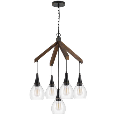 ##Antique Hardware## 60W X 5 WATKINS RUBBER WOOD CHANDELIER WITH HANGING GLASS SHADES