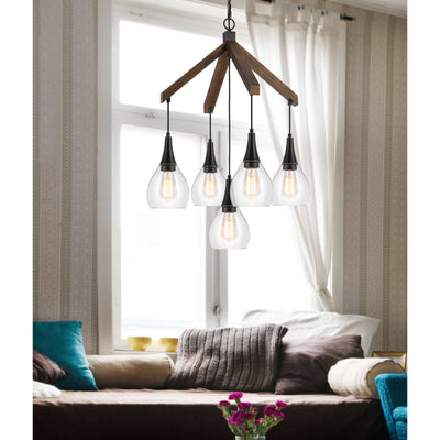 ##Antique Hardware## 60W X 5 WATKINS RUBBER WOOD CHANDELIER WITH HANGING GLASS SHADES