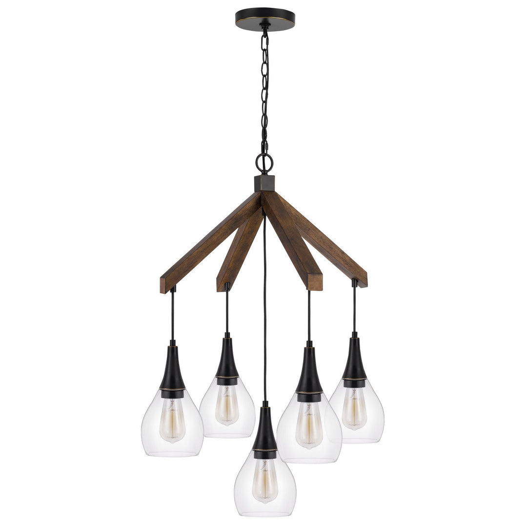 ##Antique Hardware## 60W X 5 WATKINS RUBBER WOOD CHANDELIER WITH HANGING GLASS SHADES