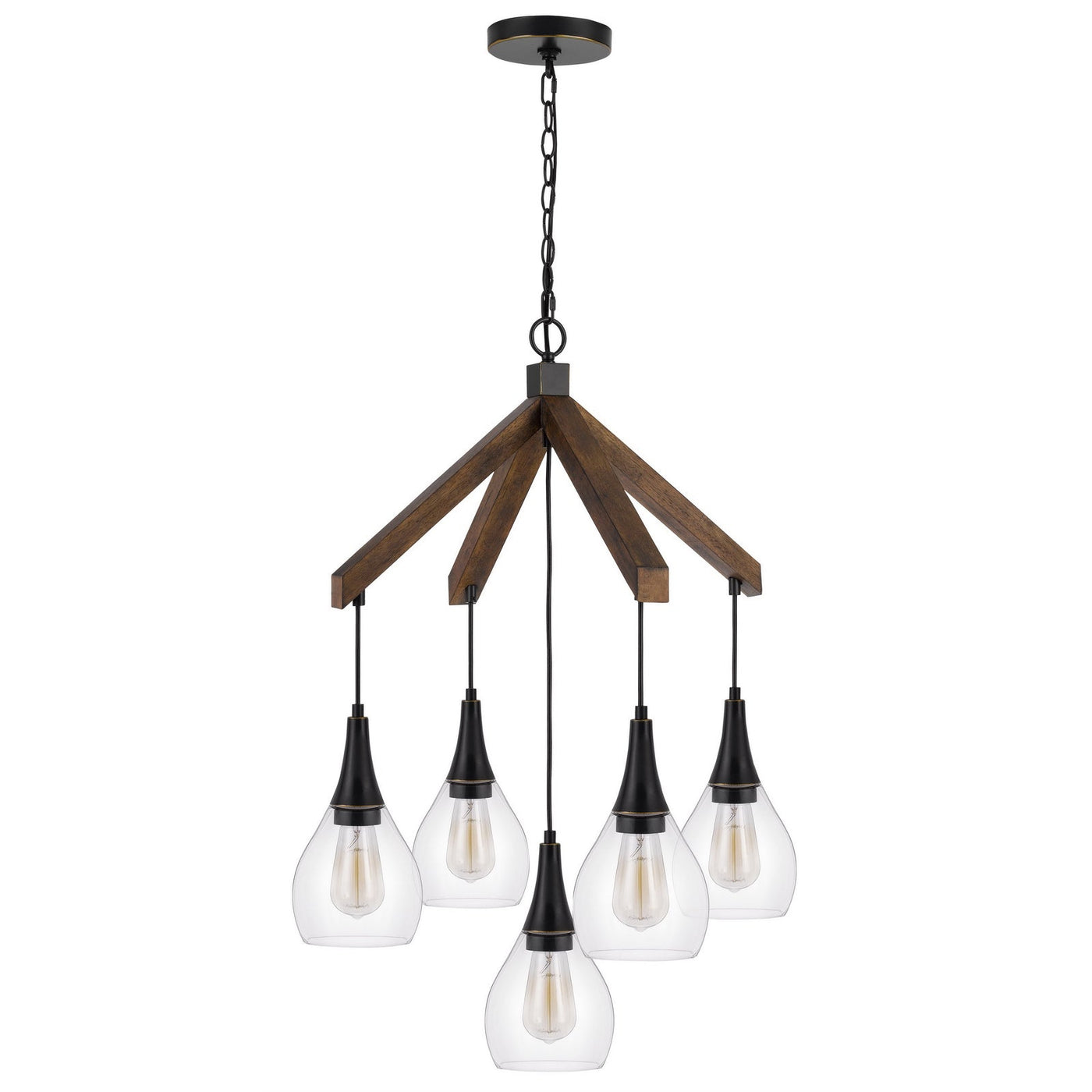 ##Antique Hardware## 60W X 5 WATKINS RUBBER WOOD CHANDELIER WITH HANGING GLASS SHADES