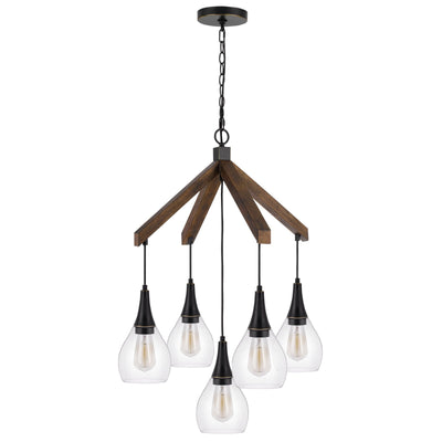 ##Antique Hardware## 60W X 5 WATKINS RUBBER WOOD CHANDELIER WITH HANGING GLASS SHADES