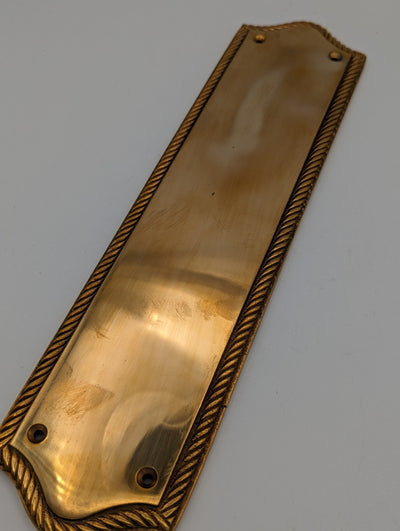 ##Antique Hardware## Open Box Sale Item 12 Inch Georgian Oval Roped Style Door Push Plate (Polished Brass Finish)