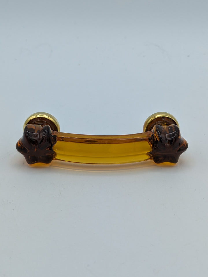 ##Antique Hardware## Open Box Sale Item 4 Inch Overall (3 Inch c-c) Amber Glass Bridge Handle (Polished Brass Finish)