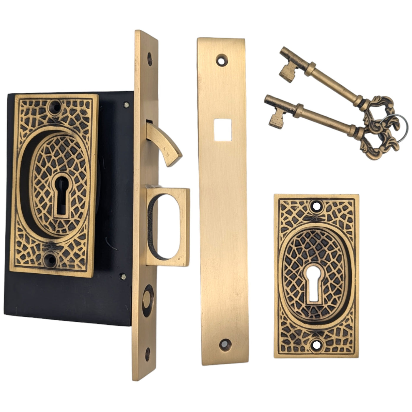 Antique Hardware Craftsman Pattern Single Pocket Privacy (Lock) Style Door Set POCKET DOOR