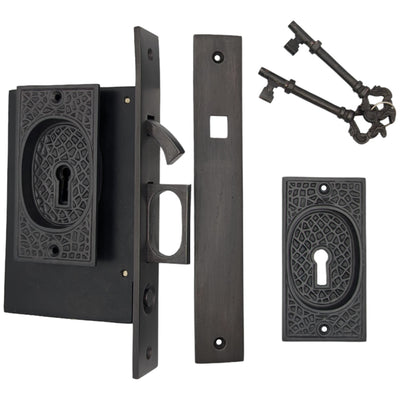 Antique Hardware Craftsman Pattern Single Pocket Privacy (Lock) Style Door Set POCKET DOOR