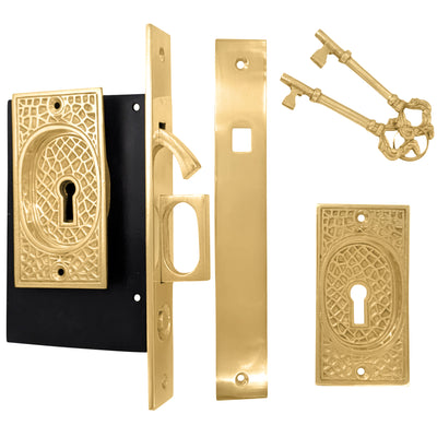 Antique Hardware Craftsman Pattern Single Pocket Privacy (Lock) Style Door Set POCKET DOOR