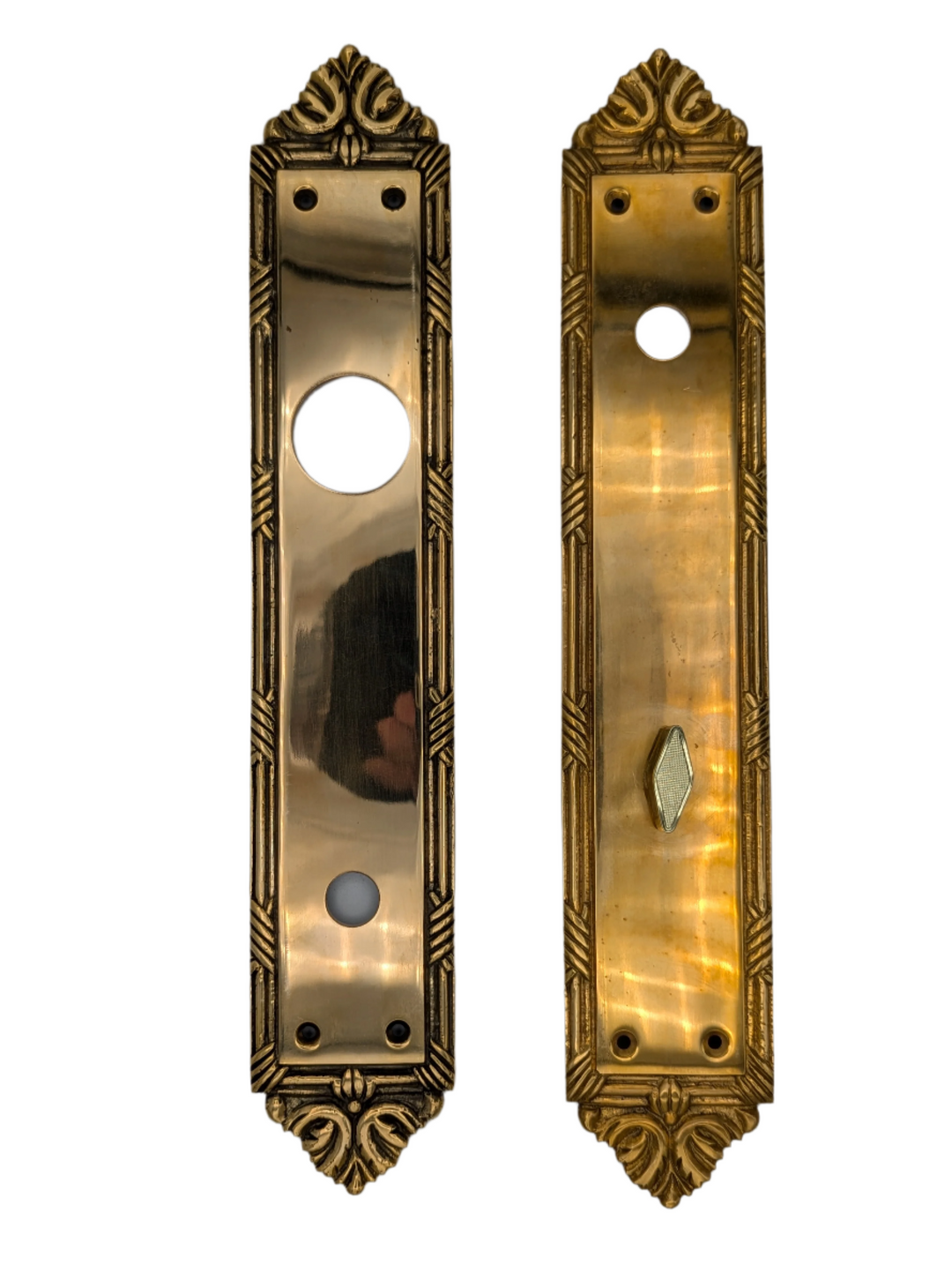 ##Antique Hardware## Open Box Sale Item Ribbon & Reed Oval Deadbolt Entryway Set with White Porcelain Knobs (Polished Brass Finish)