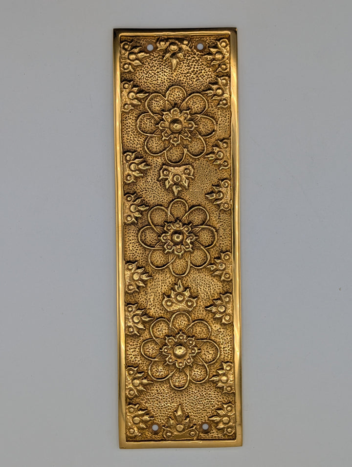 ##Antique Hardware## Antique-Style Solid Brass Push Plate with Floral Embossed Design (Polished Brass Finish)