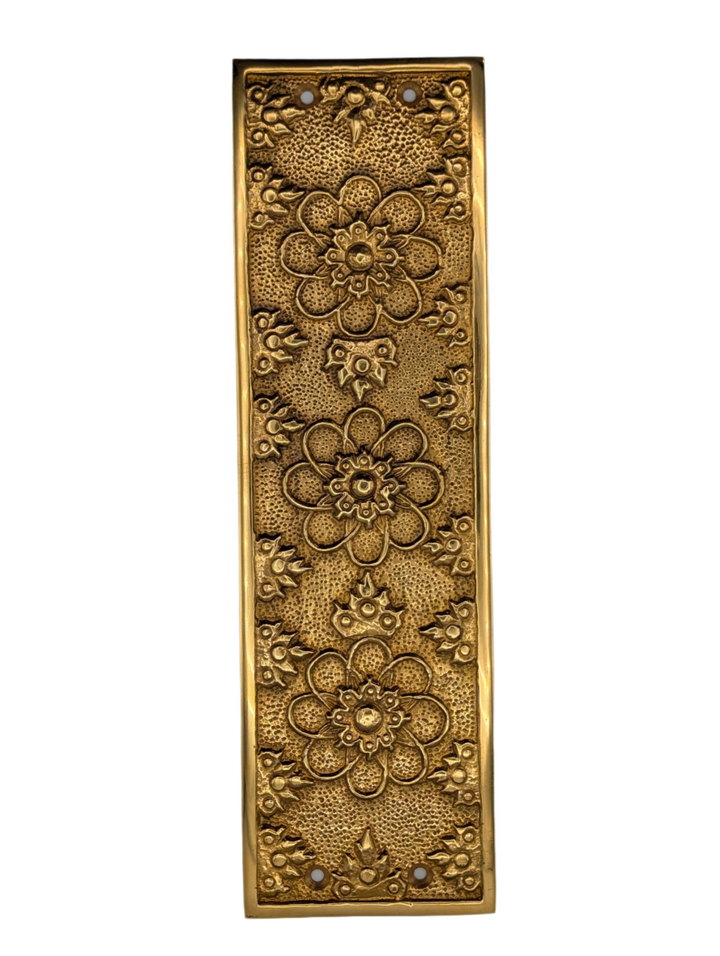Antique-Style Solid Brass Push Plate with Floral Embossed Design (Polished Brass Finish)