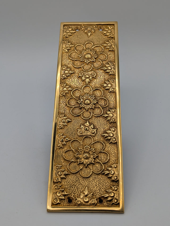 ##Antique Hardware## Antique-Style Solid Brass Push Plate with Floral Embossed Design (Polished Brass Finish)