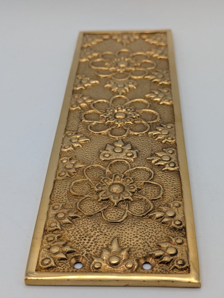 ##Antique Hardware## Antique-Style Solid Brass Push Plate with Floral Embossed Design (Polished Brass Finish)