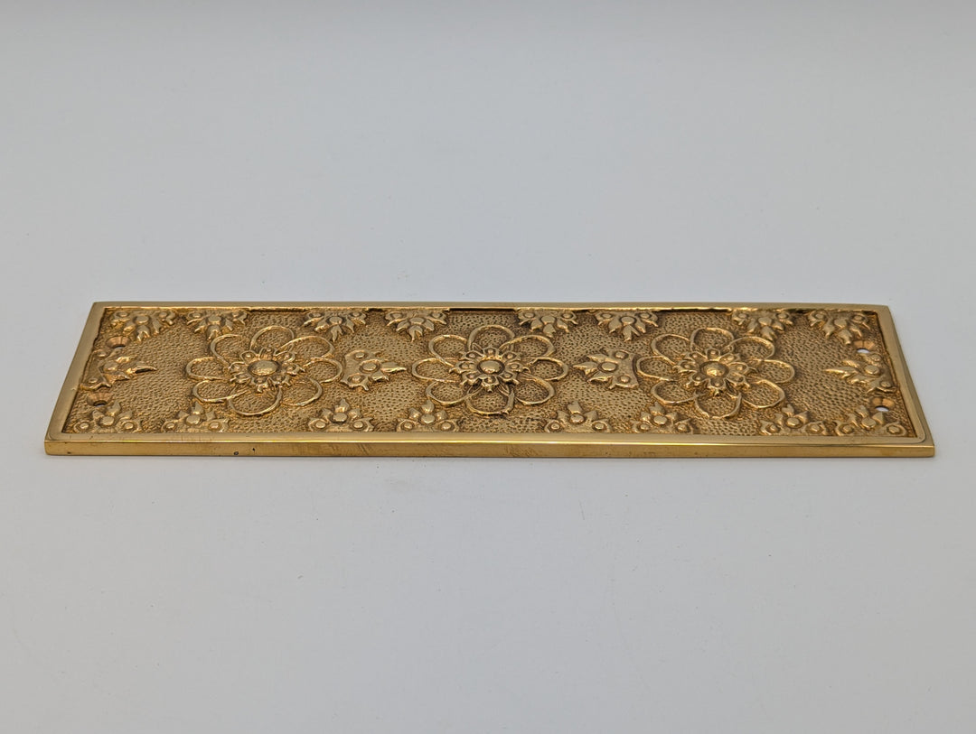 ##Antique Hardware## Antique-Style Solid Brass Push Plate with Floral Embossed Design (Polished Brass Finish)