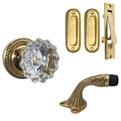 ##Antique Hardware## Georgian Roped Door Set with Crystal Door Knobs and Brass Pulls (Several Finishes Available)
