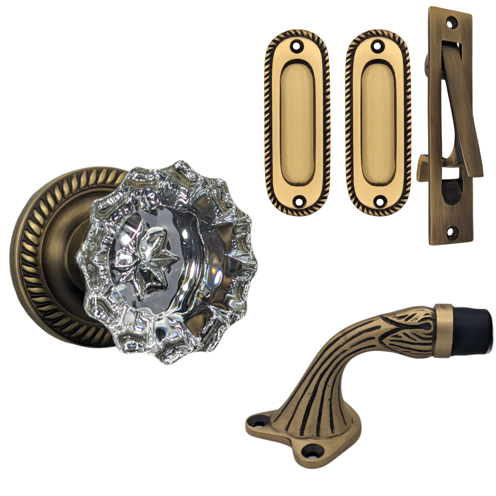 ##Antique Hardware## Georgian Roped Door Set with Crystal Door Knobs and Brass Pulls (Several Finishes Available)