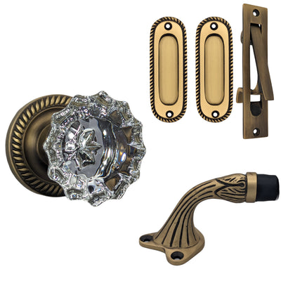 ##Antique Hardware## Georgian Roped Door Set with Crystal Door Knobs and Brass Pulls (Several Finishes Available)