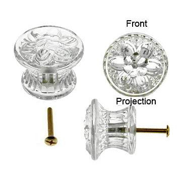 ##Antique Hardware## 1 3/4 Inch Flat Floral Clear Glass Cabinet & Furniture Knob