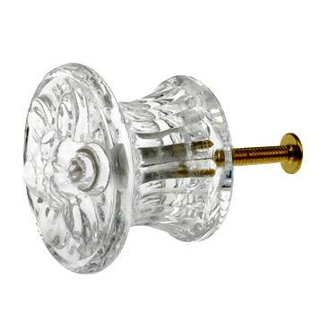 ##Antique Hardware## 1 3/4 Inch Flat Floral Clear Glass Cabinet & Furniture Knob