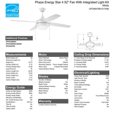 Antique Hardware 52" Phaze Energy Star 4 in White w/ White Blades Ceiling Fan