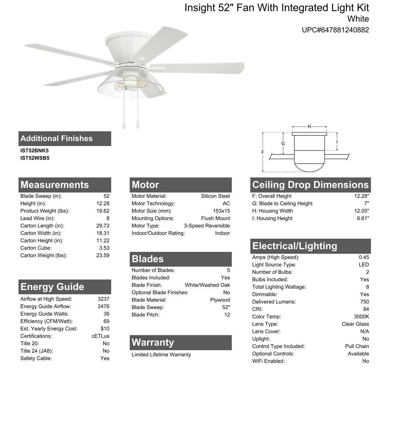 Antique Hardware 52" Insight White Finish, White/Washed Oak Blades, Integrated Light kit Included Ceiling Fan