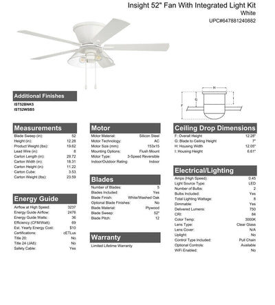 Antique Hardware 52" Insight White Finish, White/Washed Oak Blades, Integrated Light kit Included Ceiling Fan