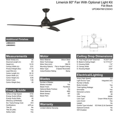 Antique Hardware 60" Limerick Indoor/Outdoor (Damp) in Flat Black w/ Flat Black Blades Ceiling Fan