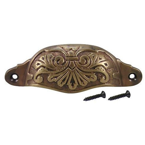 ##Antique Hardware## 4 3/8 Inch Overall (3 3/4 Inch c-c) Solid Brass Ornate Victorian Scroll Cup or Bin Pull
