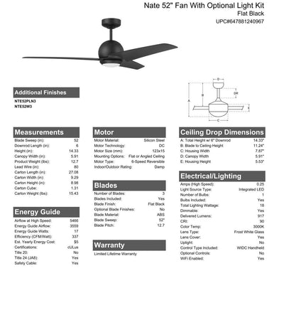 Antique Hardware 52" Nate in Flat Black Finish, Flat Black Blades, Light kit included (Optional), WiFi Control Ceiling Fan