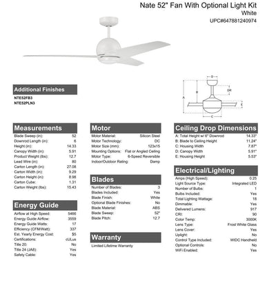 Antique Hardware 52" Nate in White Finish, White Blades, Light kit included (Optional), WiFi Control Ceiling Fan