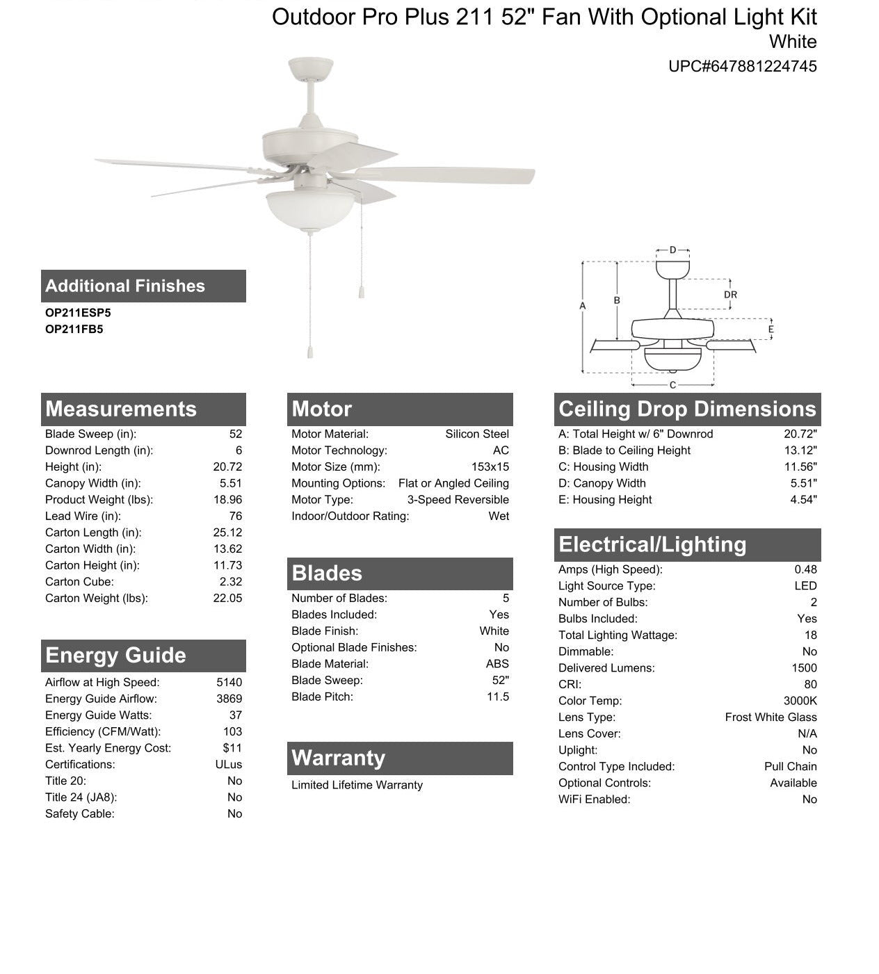 Antique Hardware 52" Outdoor Pro Plus 211 in White w/ Matte White Blades Ceiling Fan