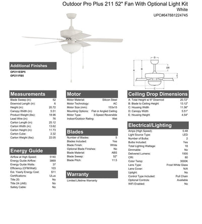 Antique Hardware 52" Outdoor Pro Plus 211 in White w/ Matte White Blades Ceiling Fan