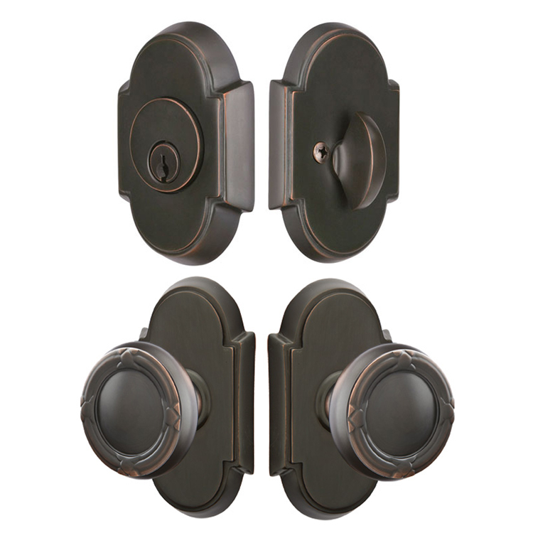 Antique Hardware Emtek Solid Brass Ribbon & Reed Door Knob Deadbolt with #8 Rosette Separated Deadbolt Entryway Sets