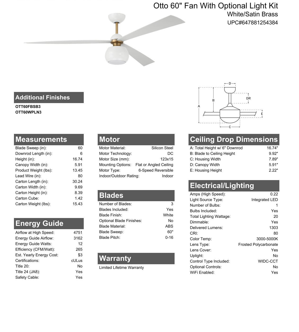 Antique Hardware 60" Otto in White/Satin Brass w/ White Blades Ceiling Fan