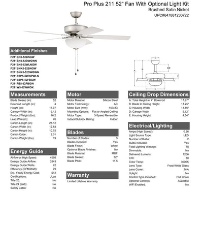 Antique Hardware 52" Pro Plus 211 in Brushed Satin Nickel w/ Walnut/Greywood Blades 