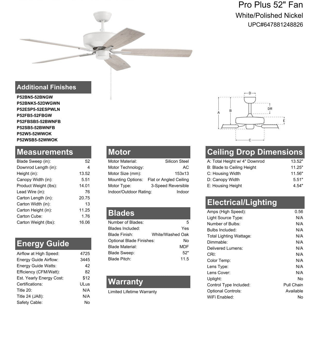 Antique Hardware 52" Pro Plus in White/Polished Nickel w/ White/Washed Oak Blades Ceiling Fan