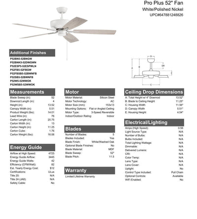 Antique Hardware 52" Pro Plus in White/Polished Nickel w/ White/Washed Oak Blades Ceiling Fan