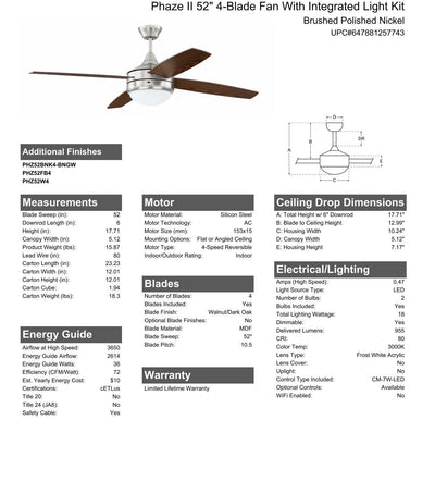 Antique Hardware 52" Phaze II 4-Blade in Brushed Polished Nickel w/ Walnut/Dark Oak Blades Ceiling Fan