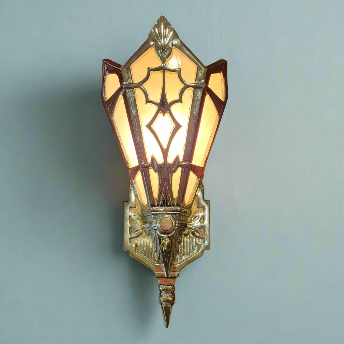 Antique Hardware 14 Inch Art Deco Stained Glass Shade Pink Champagne Wall Sconce in Polished Chrome ART DECO LIGHTING