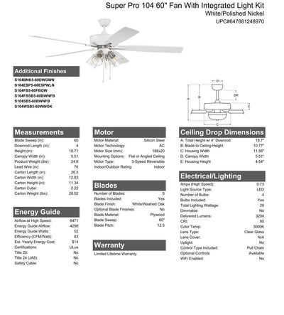 Antique Hardware 60" Super Pro 104 in White/Polished Nickel w/ White/Washed Oak Blades Ceiling Fan
